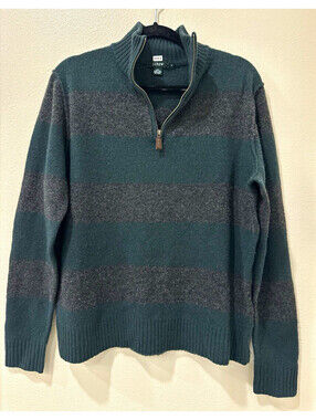 J.CREW Men’s 100% LambsWool Knit 1/4 Zip Mock Neck Striped Sweater Green/Gray M